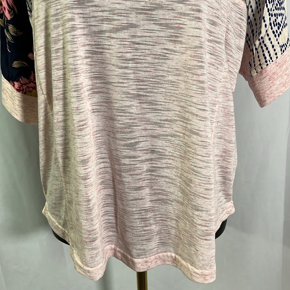 Kori Pink Space Dyed Patchwork Split Neck Oversized Short Sleeve Top - Picture 7 of 16